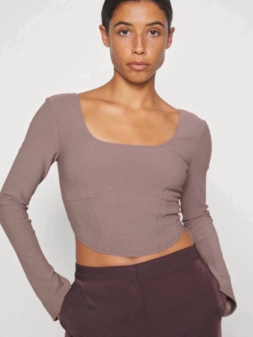 Abercrombie & Fitch Dusty Mauve Square-Neck Long-Sleeve Crop Top
